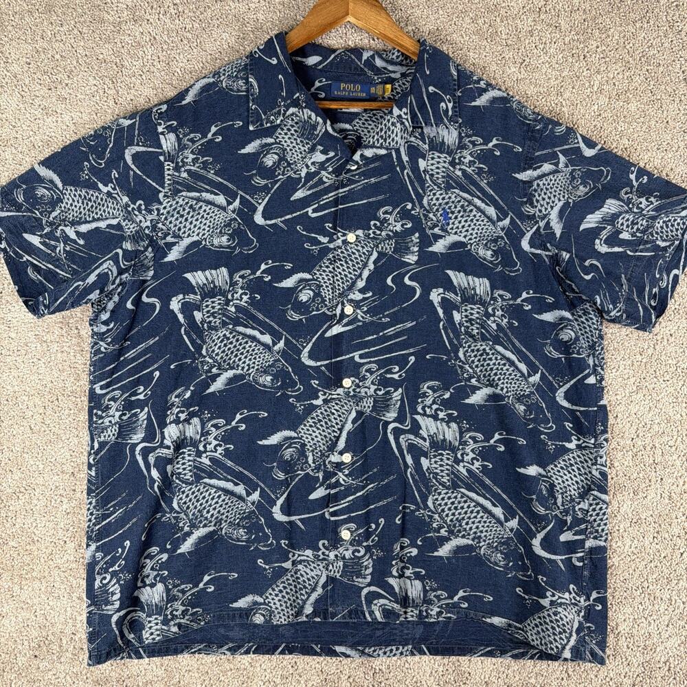 Polo Ralph Lauren Shirt Mens 2XL Blue Koi Fish AOP Loop Collar Linen Blend Prep